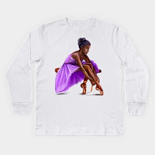 ballerina getting ready, lacing her ballet shoes - brown skin ballerina Kids Long Sleeve T-Shirt